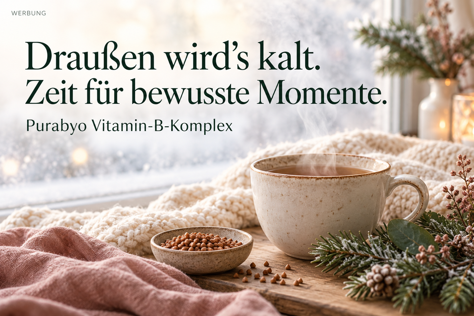 Draußen wird’s kalt. Zeit für bewusste Momente. Purabyo Vitamin-B-Komplex – winterliches Motiv mit Tee und Strickdecke